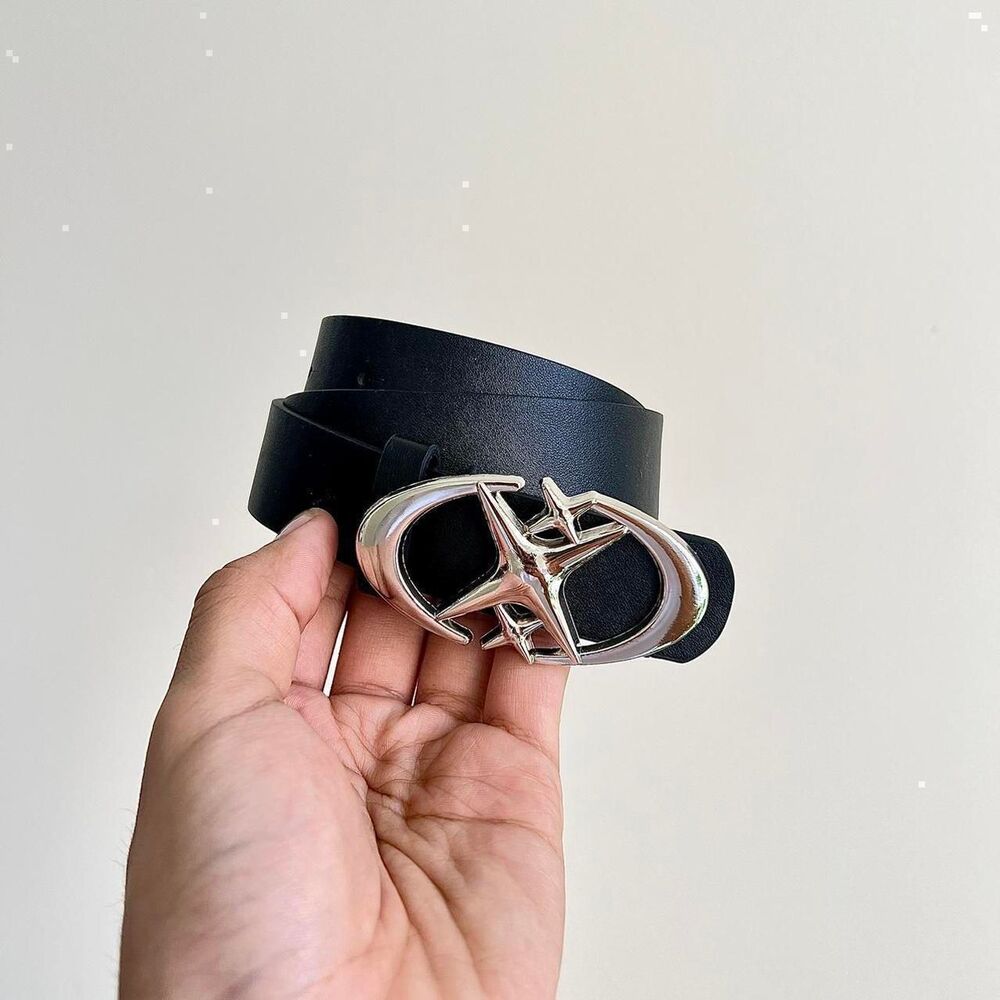 y2k silver chrome star futuristic star emblem black grunge emo belt